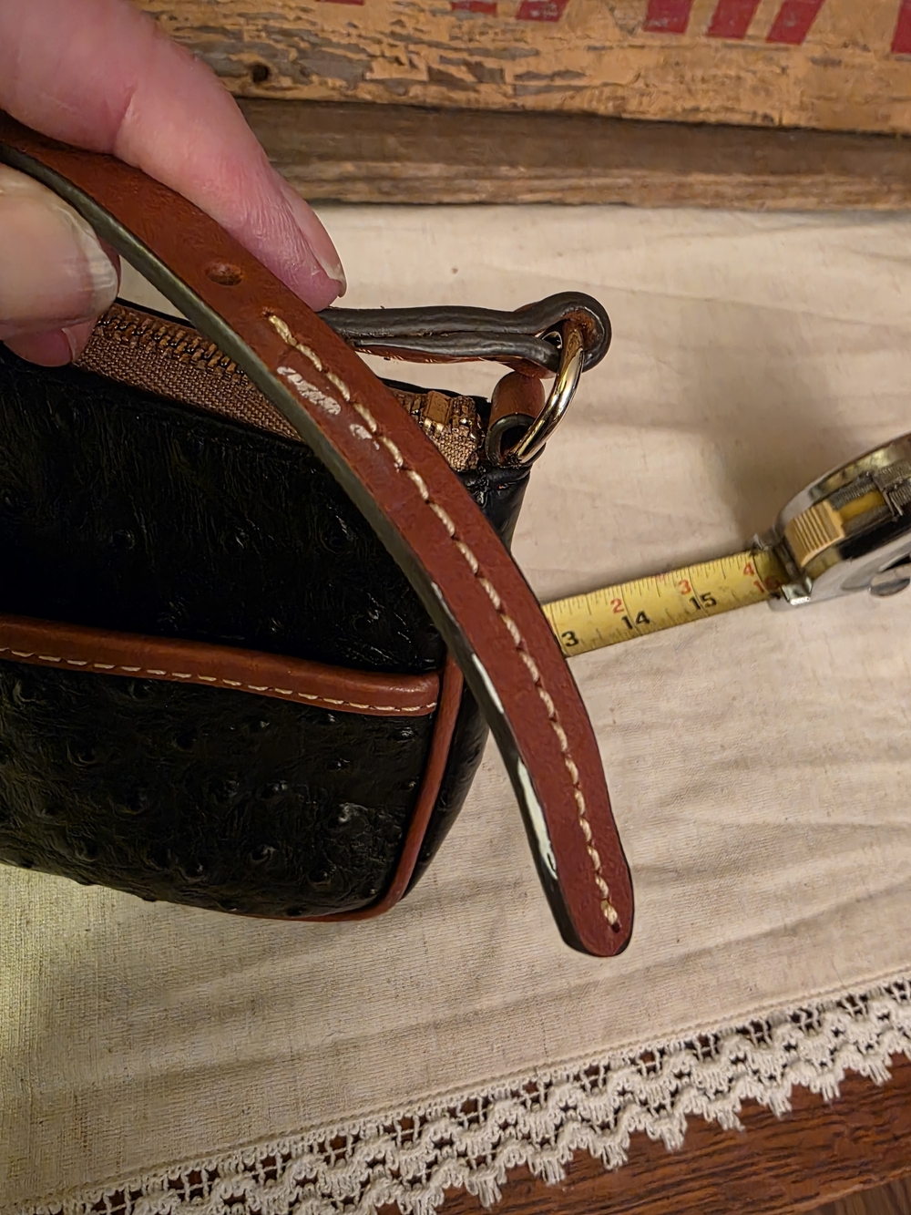 Dooney & Bourke Black Ostrich-Embossed Crossbody with Tan Trim - Picture 5 of 16
